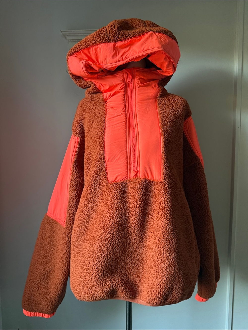 Free People Brown Sherpa Hoodie with Coral Nylon Accents